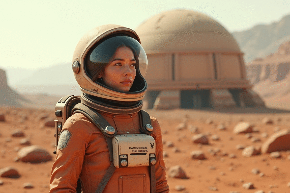 Femme astronaute en combinaison martienne contemplant le paysage