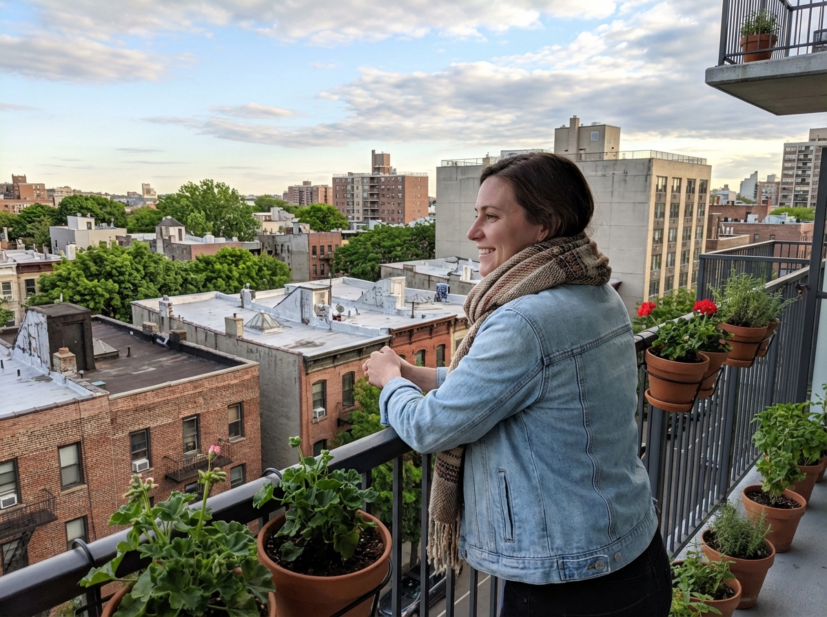 Femme regardant la ville depuis un balcon