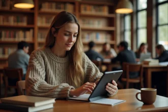 Femme consultant une bibliothèque numérique légale sur tablette dans une médiathèque publique