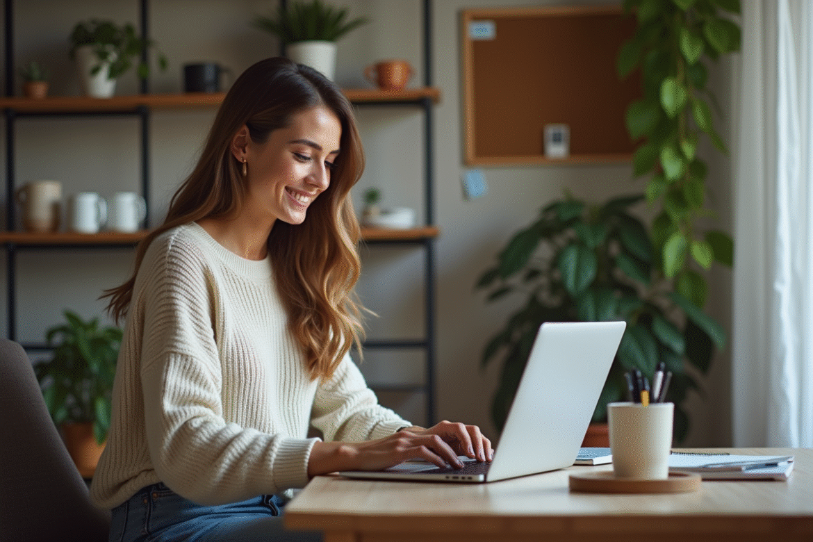 Femme concentrée travaillant sur son blog dans un bureau cosy