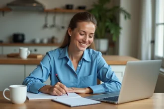 Femme souriante travaillant à la maison dans une cuisine moderne