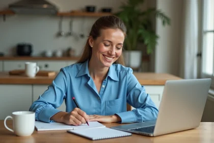 Femme souriante travaillant à la maison dans une cuisine moderne
