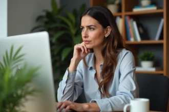 Femme en bureau à domicile avec expression perplexe