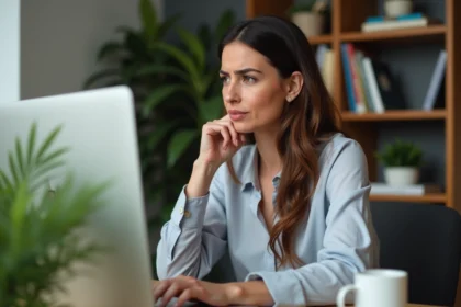 Femme en bureau à domicile avec expression perplexe