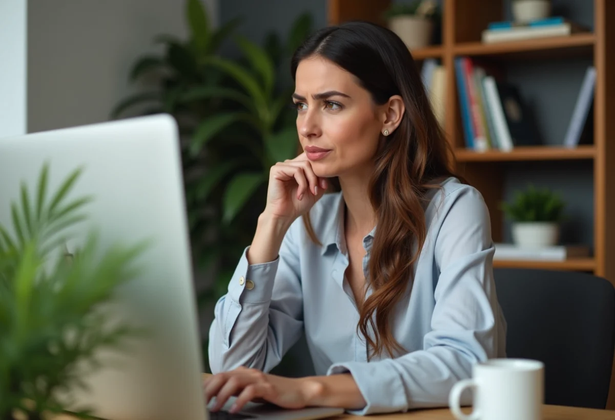 Femme en bureau à domicile avec expression perplexe