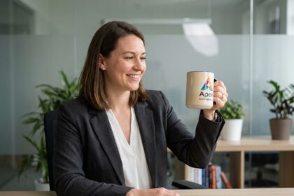 Femme professionnelle tenant un mug personnalisé au bureau