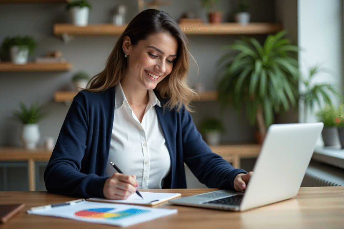 Femme en bureau moderne consulte un graphique coloré