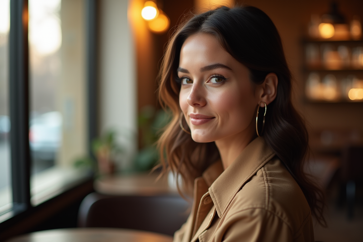 Femme assise dans un café en lumière douce et naturelle
