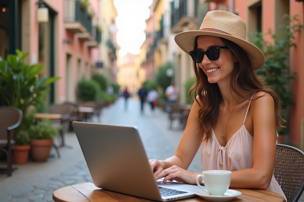 Femme jeune au café en Europe vérifiant ses finances