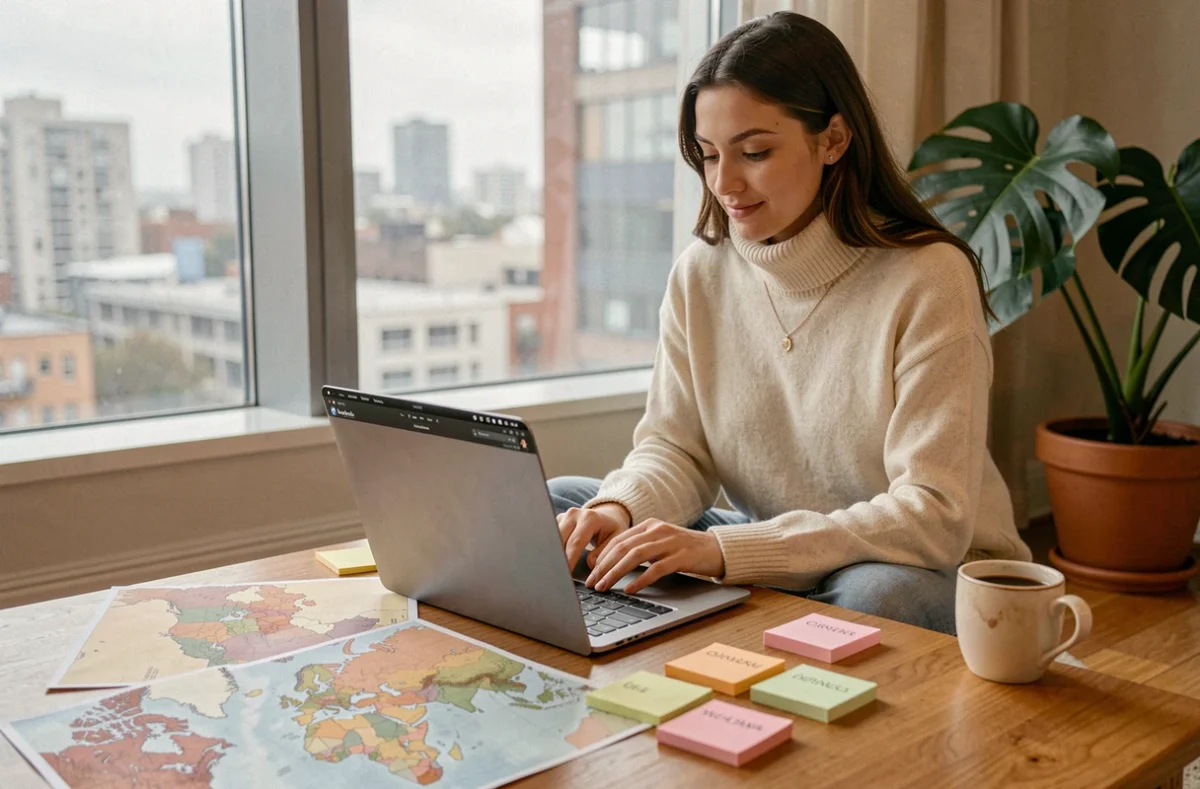 Jeune femme travaillant sur un fond de carte du monde vectoriel vierge sur ordinateur portable chez elle