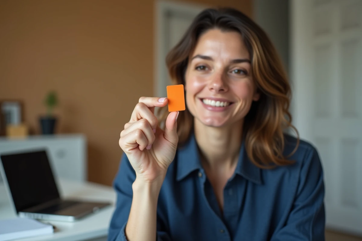 Femme tenant une carte SIM Orange entre ses doigts dans un bureau moderne, symbolisant le choix d'un forfait mobile