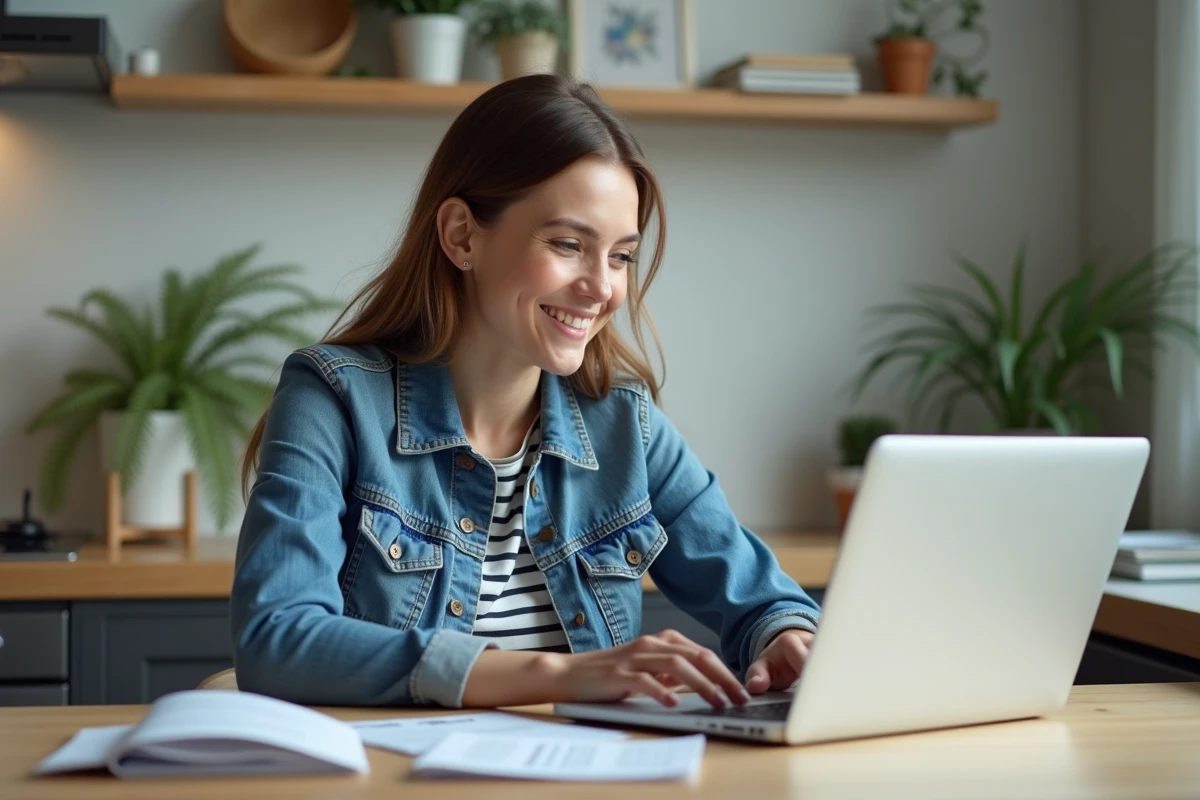 Femme décontractée travaillant sur son ordinateur dans un appartement lumineux