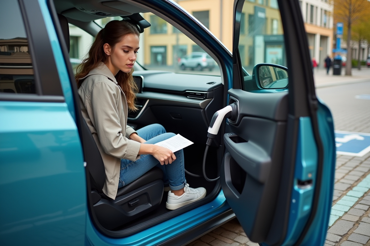 Jeune femme branchant une voiture hybride à une borne de recharge