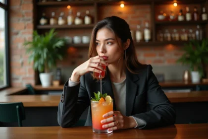 Femme élégante dégustant un cocktail dans un bar cosy