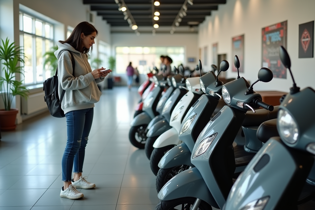 Jeune femme regardant un scooter dans le showroom