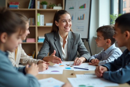 Femme enseignant la finance à des adolescents en classe
