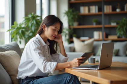 Jeune femme en blanc et jeans studieuse à la maison
