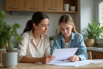 Femme et adolescente discutent à la cuisine lumineuse