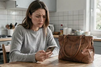 Femme frustrée consultant son téléphone après un achat raté sur Le Bon Coin avec un sac en cuir posé sur une table de cuisine