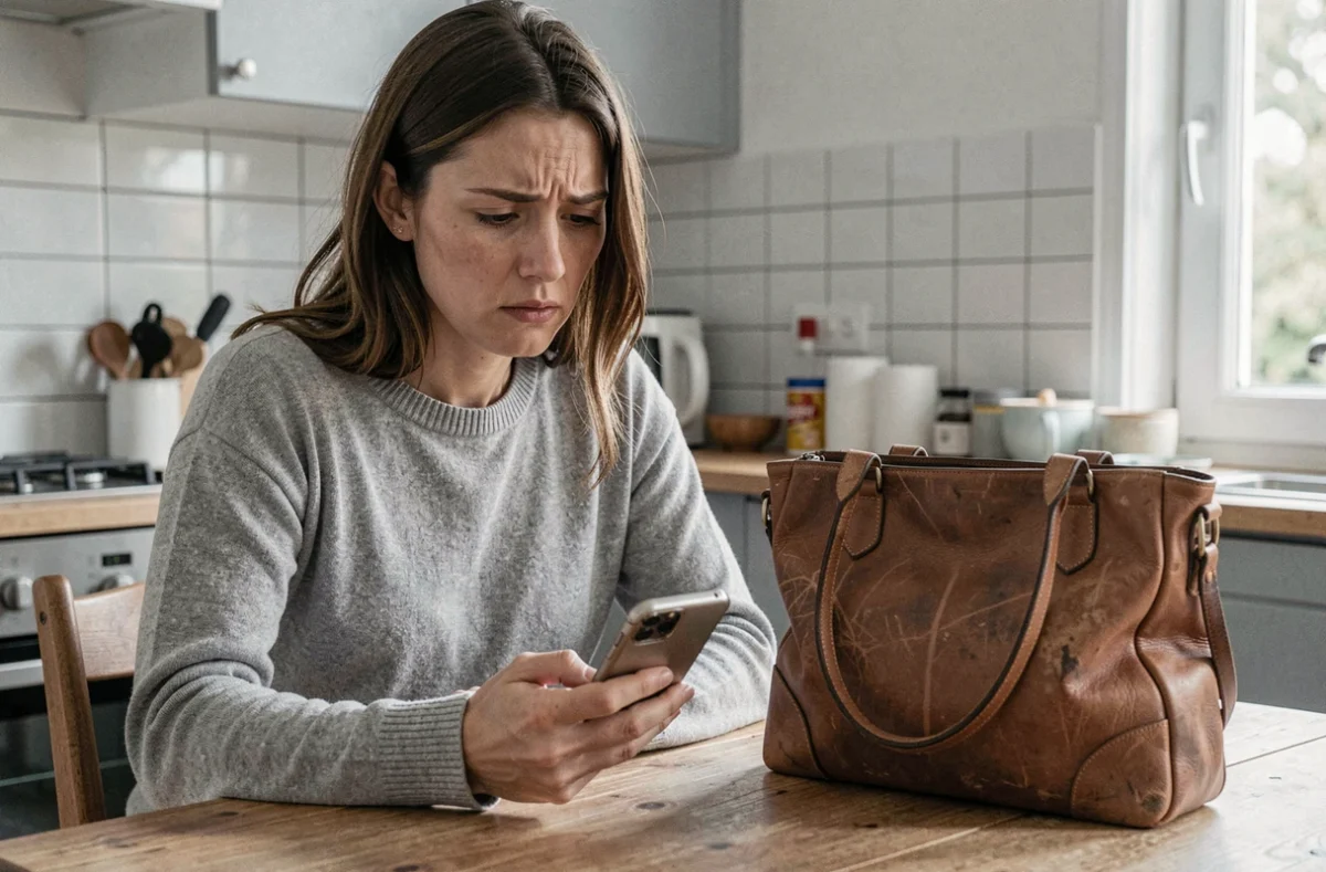 Femme frustrée consultant son téléphone après un achat raté sur Le Bon Coin avec un sac en cuir posé sur une table de cuisine