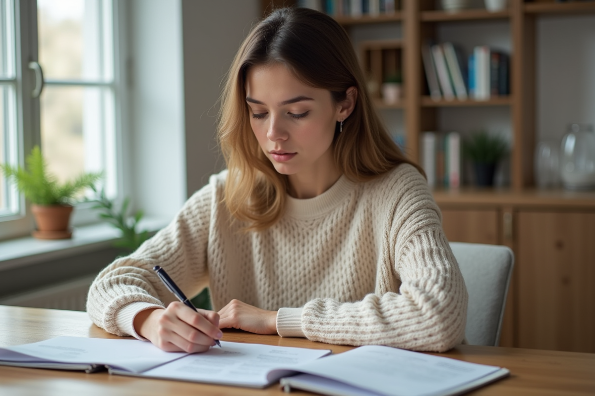 Jeune femme à la maison gère ses factures et notes