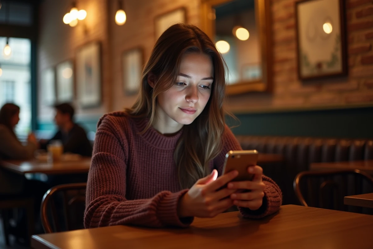 Jeune femme contemplant l'heure miroir 21h21 sur son téléphone dans un café parisien, symbolisant les signes amoureux