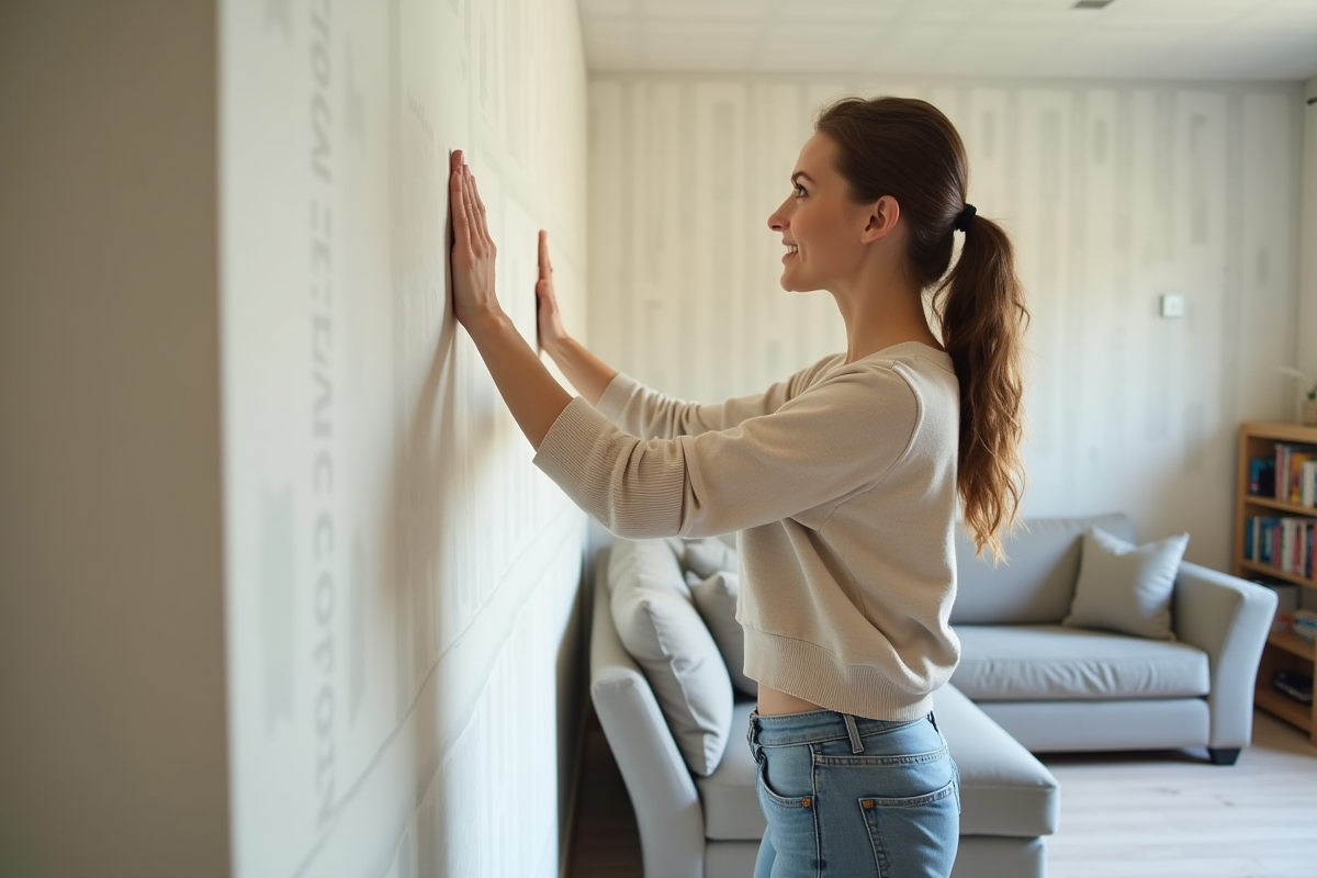 Jeune femme vérifiant un mur isolé dans son salon confortable