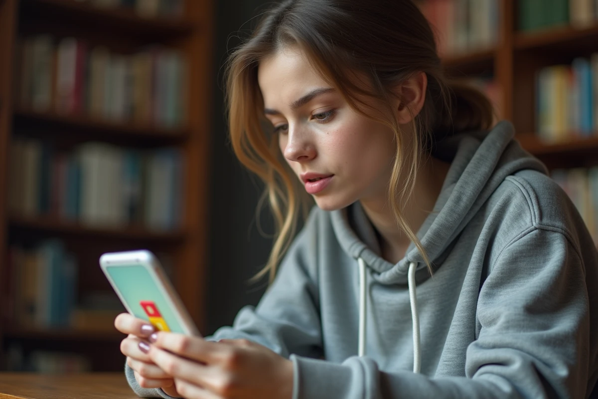 Jeune femme cherchant la solution à un jeu 4 images 1 mot de 8 lettres sur son smartphone