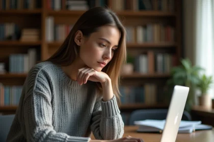 Jeune femme concentrée jouant à un jeu de devinette de mots sur son ordinateur portable dans un bureau à domicile