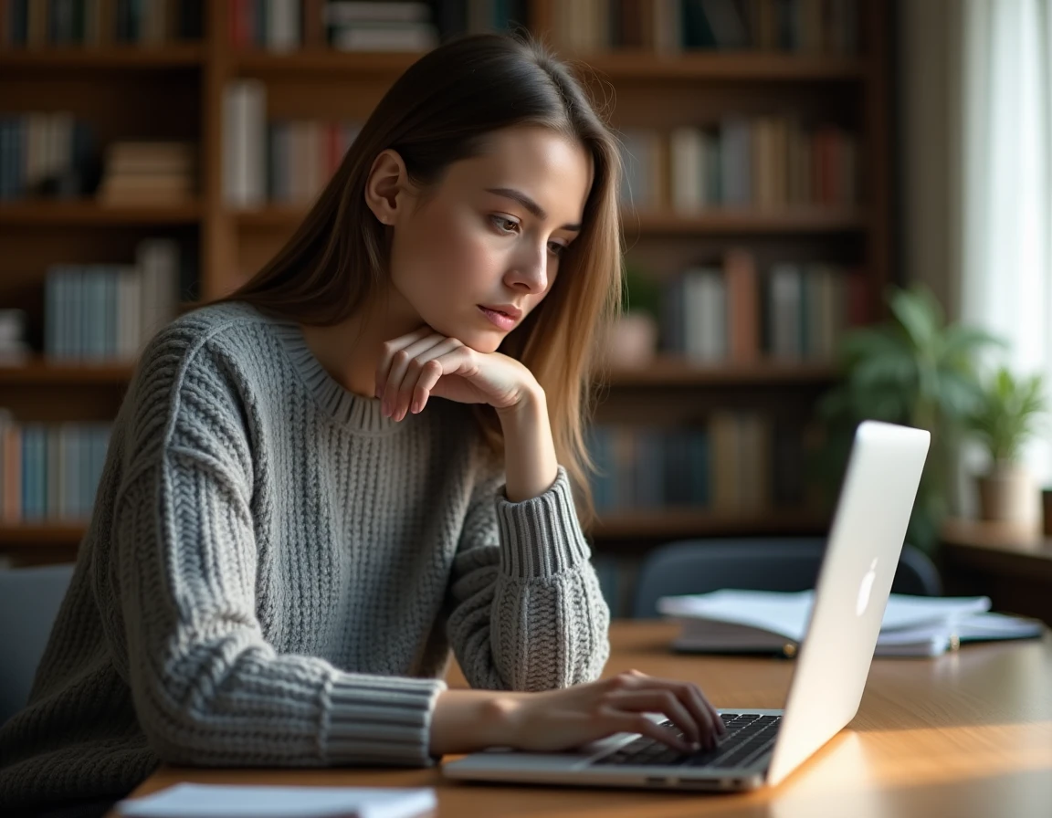 Jeune femme concentrée jouant à un jeu de devinette de mots sur son ordinateur portable dans un bureau à domicile