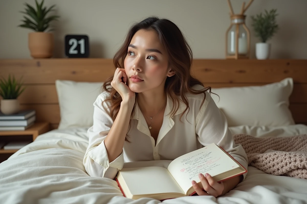 Femme écrivant dans son journal intime avec une horloge affichant 21h21, réflexion sur la signification amoureuse des heures miroirs