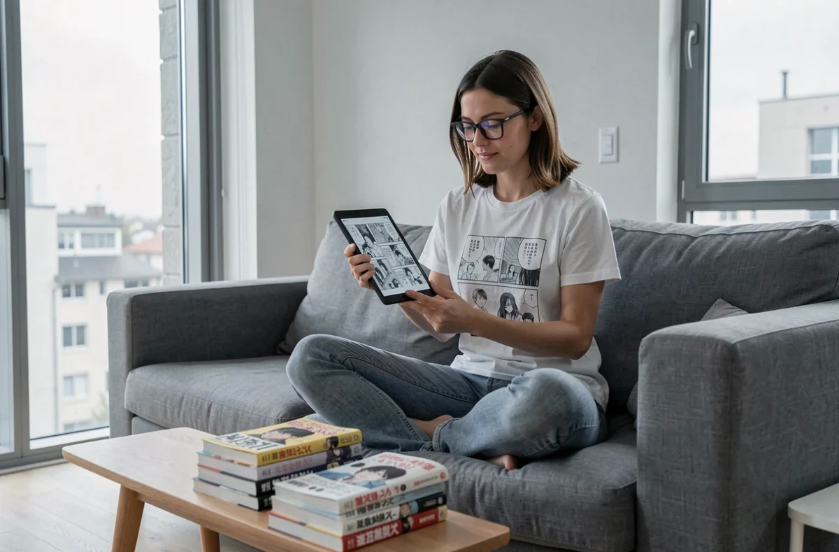Femme lisant des scans de One Piece sur tablette dans un salon moderne et minimaliste