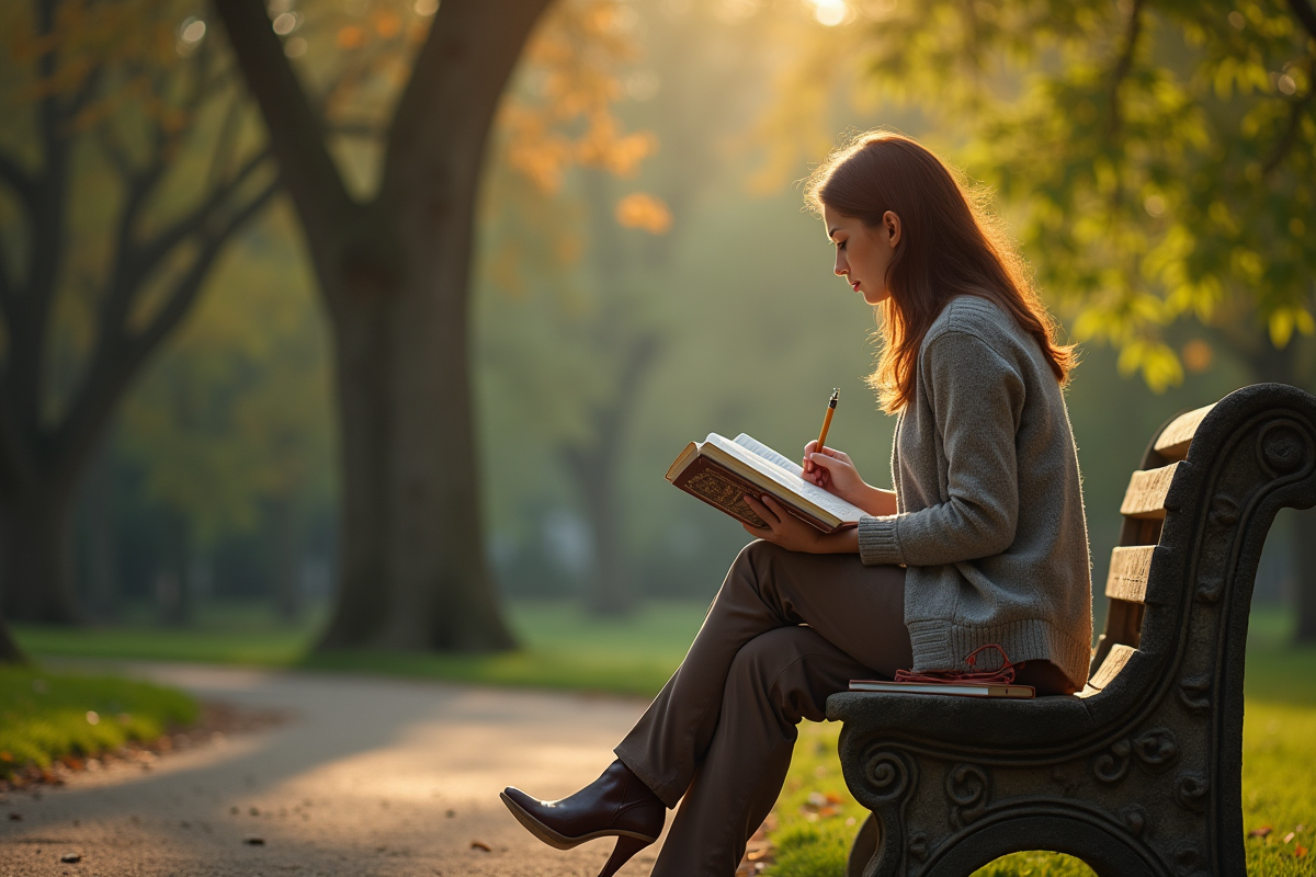 Femme lisant dans un parc paisible au matin