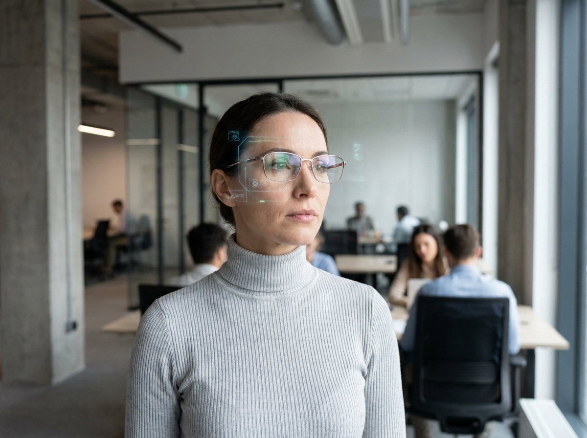 Femme portant des lunettes de réalité augmentée intelligentes dans un bureau moderne, interface holographique visible à travers les verres