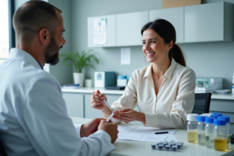 Femme d'âge moyen remet un flacon au technicien en laboratoire