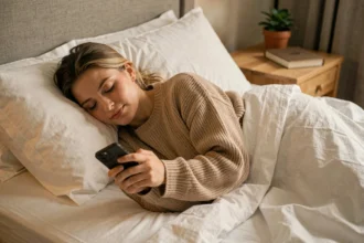 Femme apaisée lisant un message bonne nuit sur son téléphone dans un lit douillet aux draps blancs