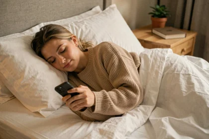 Femme apaisée lisant un message bonne nuit sur son téléphone dans un lit douillet aux draps blancs