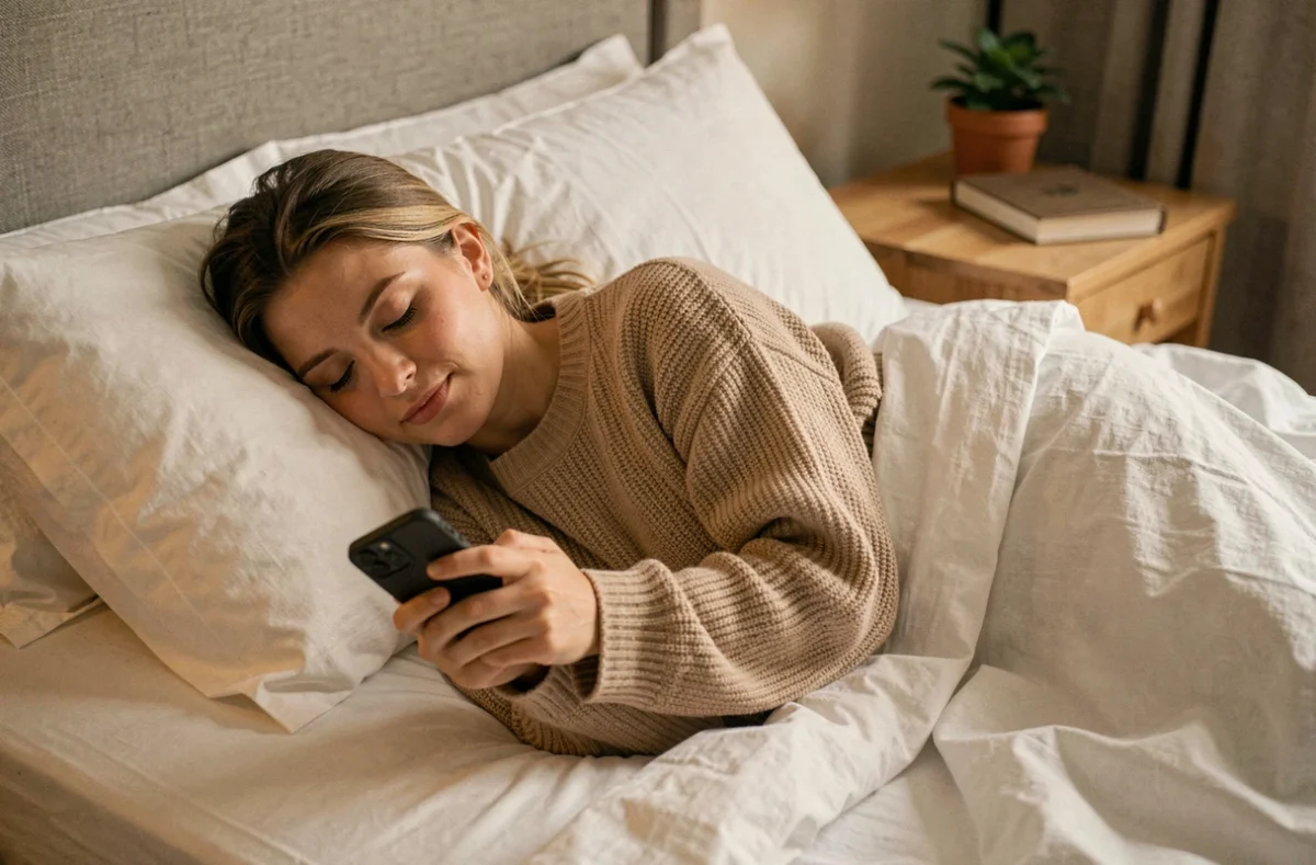 Femme apaisée lisant un message bonne nuit sur son téléphone dans un lit douillet aux draps blancs