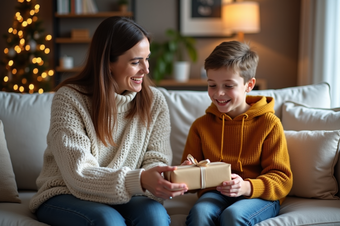 Femme souriante offrant une enveloppe cadeau à un adolescent dans un salon scandinave