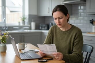 Femme réfléchissant à ses finances devant son ordinateur