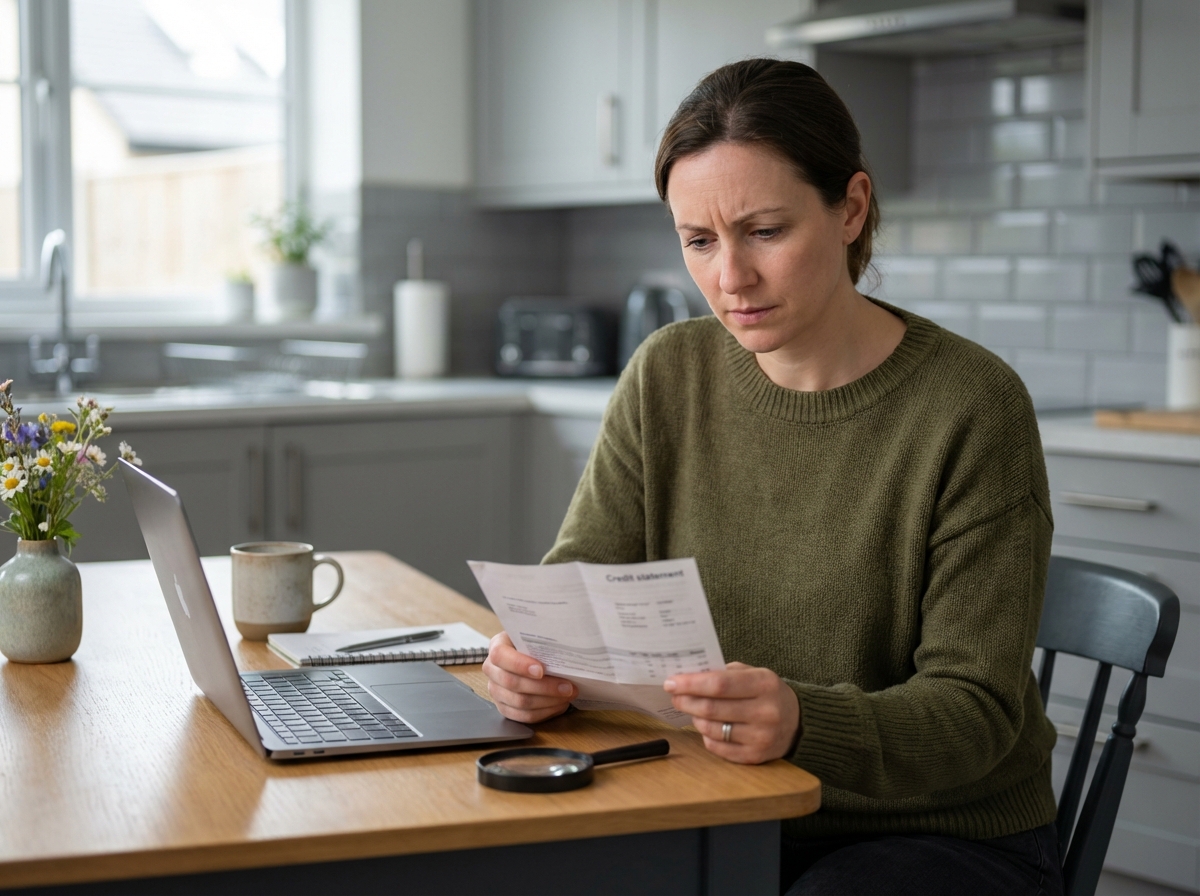 Femme réfléchissant à ses finances devant son ordinateur