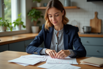 Femme organisée triant des enveloppes de dettes à la maison
