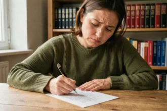 Femme concentrée qui hésite sur l'orthographe en écrivant une lettre à la main, entourée de dictionnaires de français