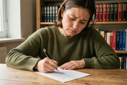 Femme concentrée qui hésite sur l'orthographe en écrivant une lettre à la main, entourée de dictionnaires de français