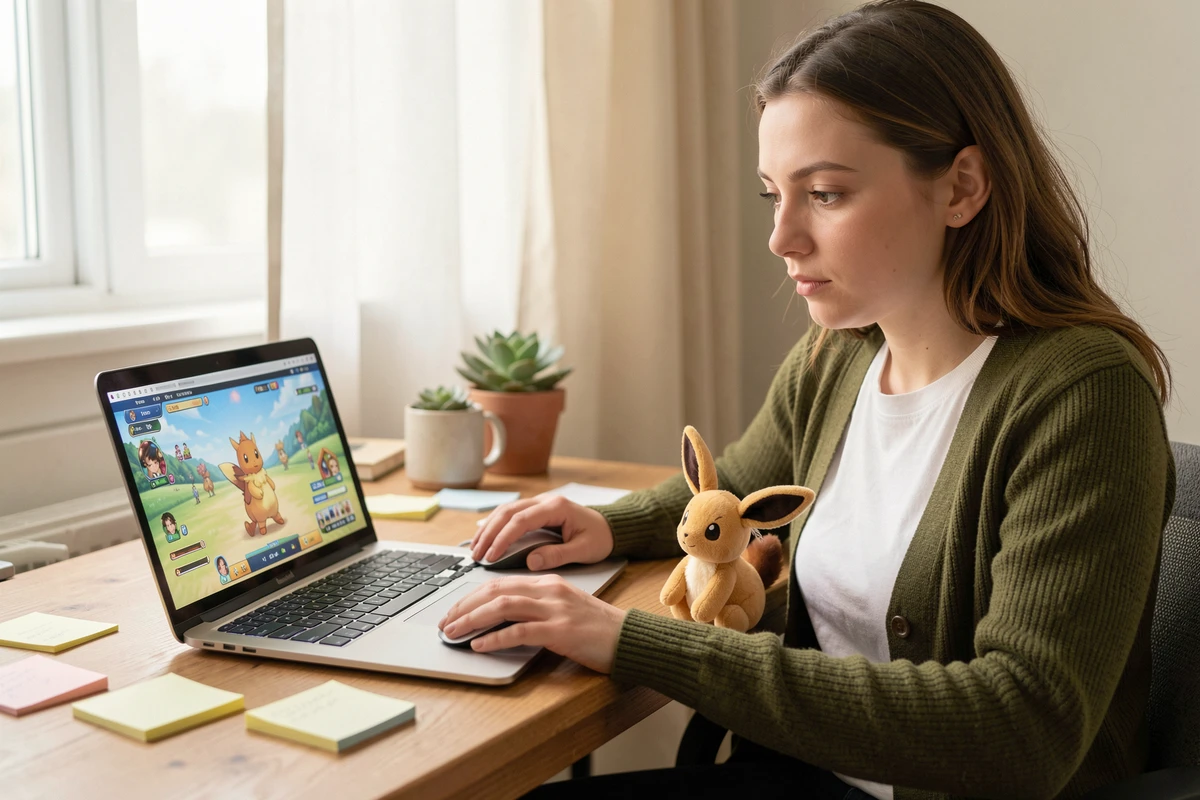 Femme tenant une peluche Évoli devant un écran d'ordinateur affichant un jeu Pokémon dans un bureau à domicile