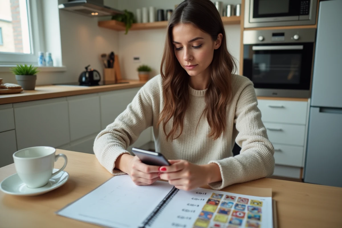 Femme organisant ses codes de cartes Pokémon à la cuisine