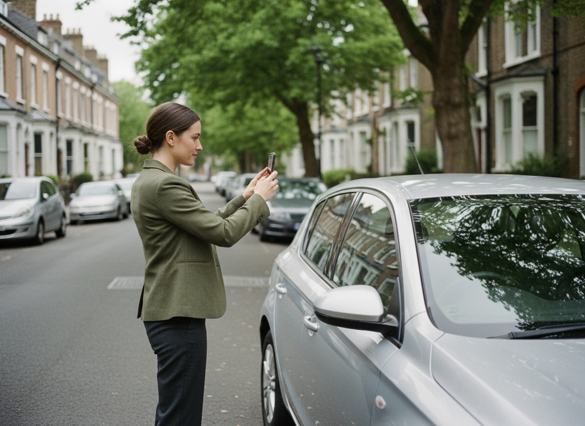 Femme prenant une photo de sa voiture pour la vente en ligne
