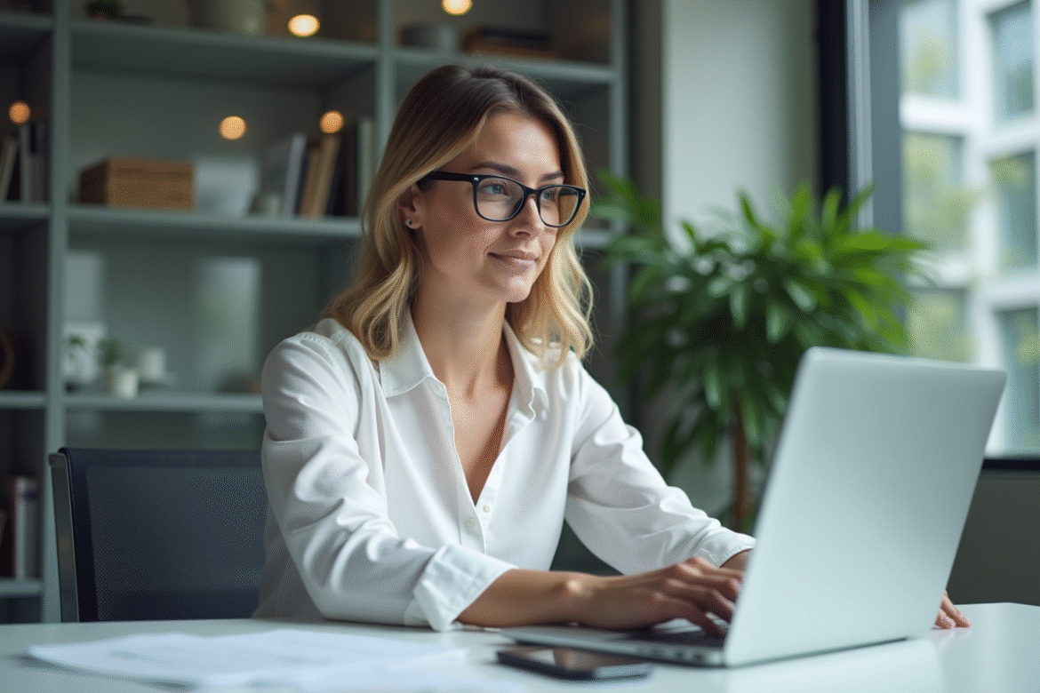 Femme professionnelle au bureau avec ordinateur et documents