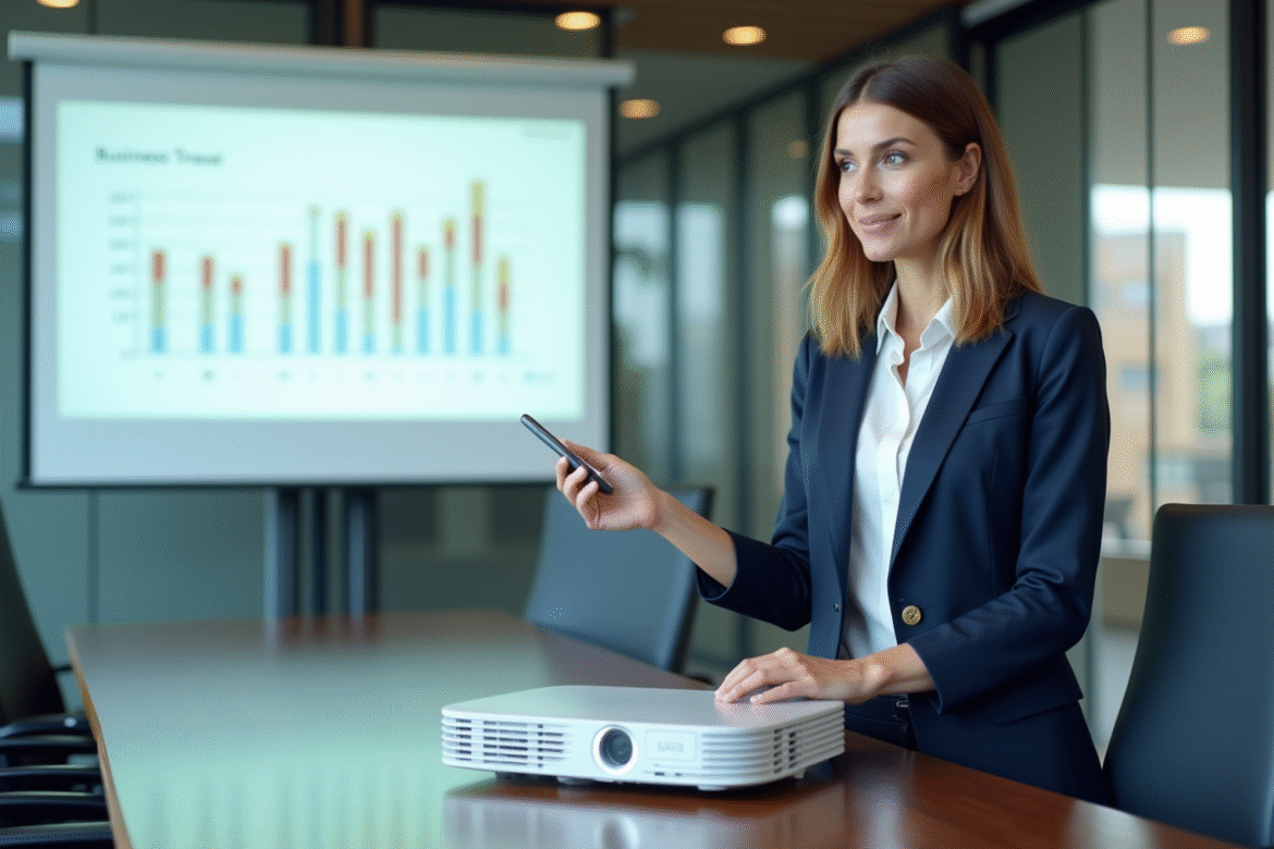 Femme professionnelle en réunion avec projecteur moderne