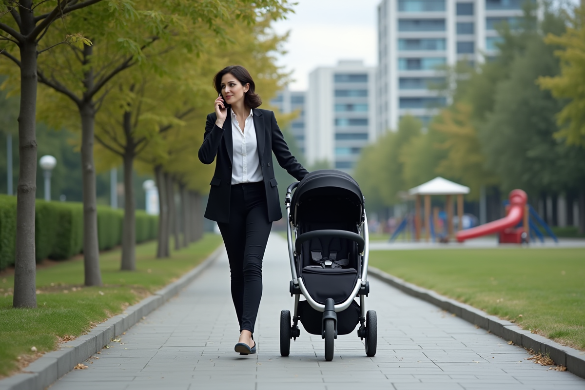 Femme marche dans le parc avec poussette et téléphone
